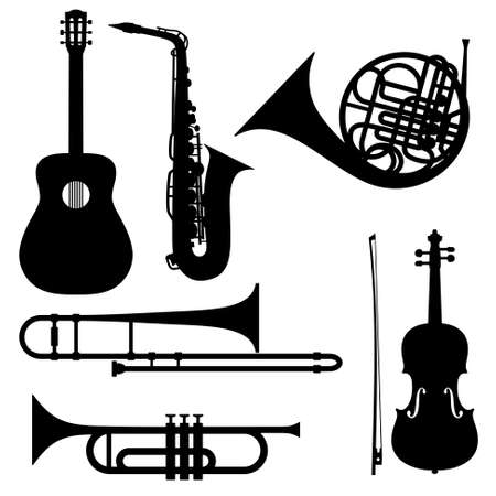 Silhouettes of musical instruments - guitar, saxophone, french horn, trombone, trumpet and violin. Illustration isolated on white.のイラスト素材