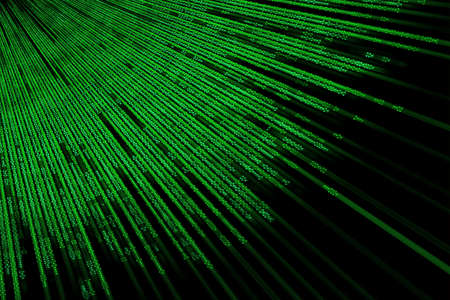 Binary code simulation. A green binary code diverging radially from a corner, isolated on a black...