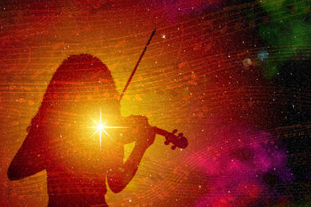 Silhouette of a girl with a shining star and a violin, against a background of colorful outer space with musical notes. Illustration.の写真素材