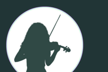 Silhouette of a girl violinist on a white circle from lightingの写真素材