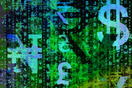Dark background consisting of colored currency signs of different countries. Illustration.
