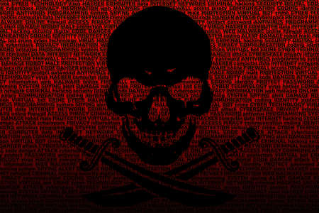 Black Jolly Roger on a bright blood-red background, consisting of terms on the topic of computer technology, computer viruses and cyber attacks. Illustration isolated on black.の写真素材