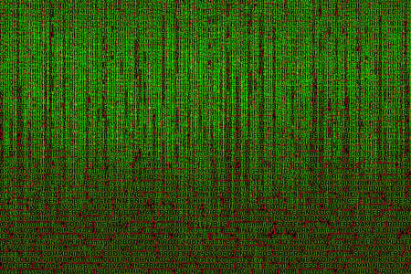 A red-green background consisting of a binary code matrix and terms on computer technology, computer...