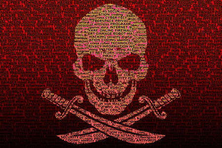 Contrasting Jolly Roger on a bright blood-red background, consisting of terms on the topic of...