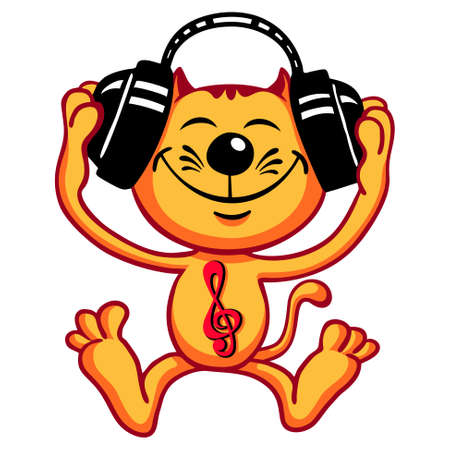 Funny cartoon cat-music lover listens to music with headphones. Orange kitty enjoying the music. Vector illustration isolated on white.のイラスト素材