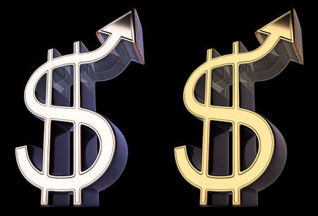 Golden dollar sign with arrow pointing up. The appreciation of the dollar. 3D rendering,...