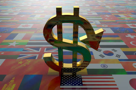 A dollar sign with a downward pointer, backlit, stands on the surface of the flags of different countries. The collapse of the dollar. Dollar  - world currency. 3D rendering, illustration.の写真素材