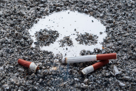 Stylized image of a human skull using tobacco ash and smoked cigarettes. Concept: harm of tobacco smoking.の写真素材