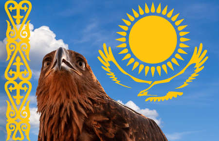 The head of the golden eagle against the blue sky with the symbols of the state flag of Kazakhstan....