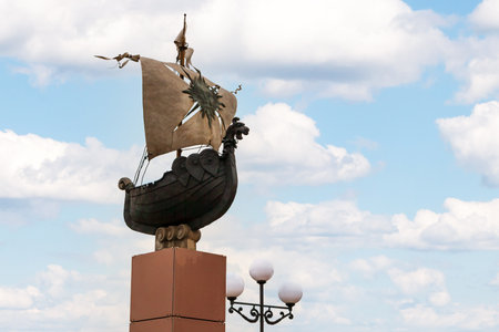Kungur, Russia, 07.22.2021 Monument to the pioneers of the Kungur region. Architectural composition - Rook Ermak on a background of the blue sky.のeditorial素材