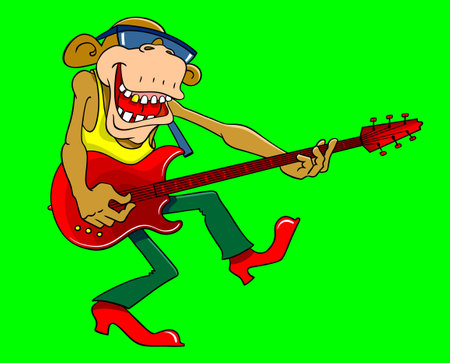 Cartoon monkey with a guitar. Monkey musician dances with an electric guitar. Vector color illustration isolated on bright green background.のイラスト素材