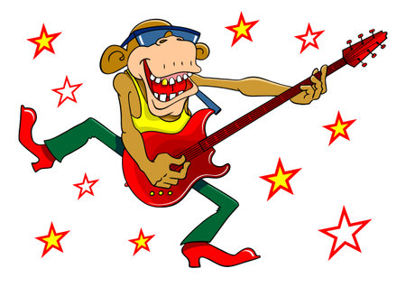 Cartoon monkey with a guitar. Monkey musician dances. Vector color illustration isolated on white.のイラスト素材