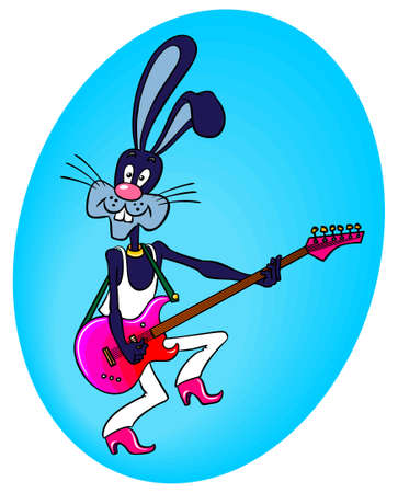 cartoon rabbit guitarist. Black rabbit with electric guitar. Rabbit performs pop music on the guitar. vector color illustration.のイラスト素材