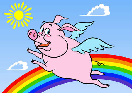 Pigs Do Fly. A happy little pig with wings flies over the rainbow. pink cartoon pig.のイラスト素材