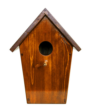 Birdhouse isolated on white background. Wooden birdhouse frontal view.の写真素材