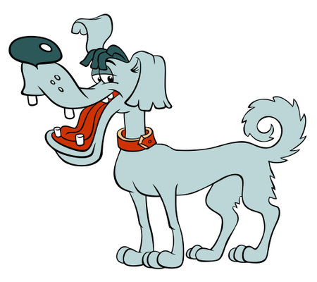 Cartoon cheerful dog. Vector color image of a happy dog isolated on white. The cartoon dog looks at us in a friendly way.のイラスト素材