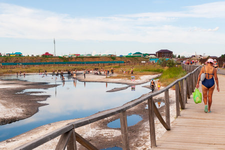 Sol-Iletsk, Russia, 07.27.2022. People at the Sol-Iletsk resort. Mud spa.のeditorial素材