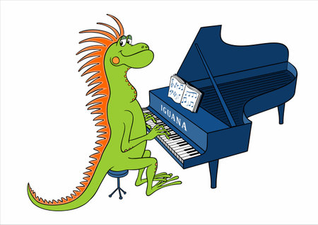 Vector color image of a cartoon Iguana isolated on white. Cheerful cartoon Iguana plays the grand piano. Iguana musician for children's coloring book.のイラスト素材