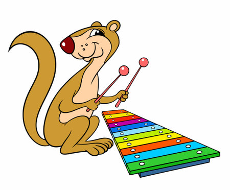 cartoon animals. Xerus is a funny musician. Cartoon Xerus plays a colored xylophone. Vector color image isolated on white.のイラスト素材