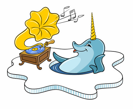 cartoon animals. Cheerful narwhal on an ice floe. Cartoon narwhal music lover listens to the gramophone. Vector color image isolated on white.のイラスト素材