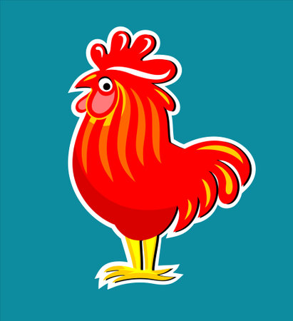 Red rooster stylized as a logo. Your poultry farm logo. Colored vector illustration isolated on a turquoise background. cartoon red rooster.のイラスト素材