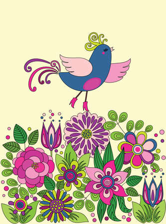 Decorative colorful funny vector drawing with bird on the flowersのイラスト素材