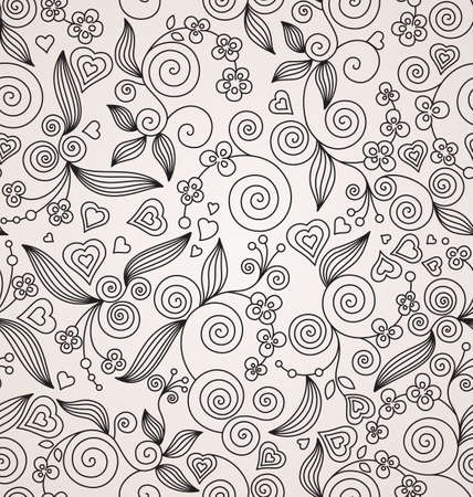 Decorative vector seamless drawing with leaves and flowersのイラスト素材
