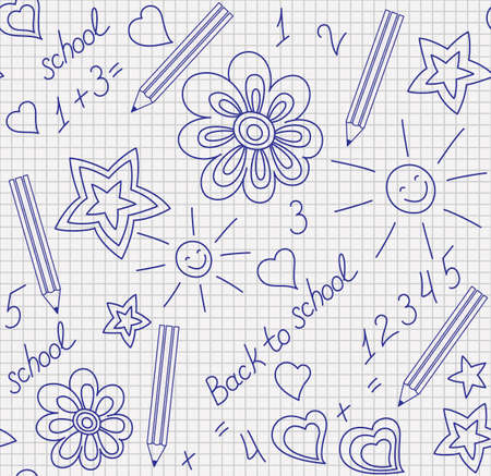Back to school  Hand-drawn seamless pattern on a squared notebook sheetのイラスト素材