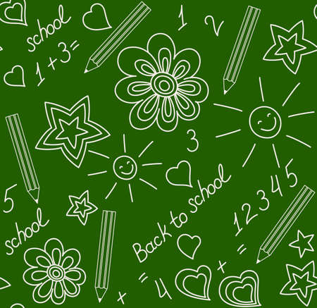 Back to school  Chalk-drawn seamless pattern on a green blackboardのイラスト素材
