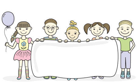 illustration of five smiling kids holding an empty banner in their handsのイラスト素材