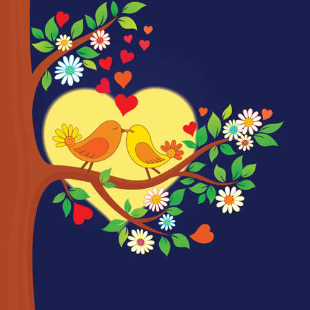 Decorative color illustration of two kissing birds in the moonlightのイラスト素材