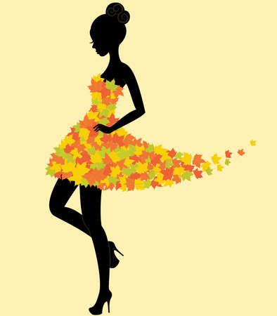 Silhouette of the young beautiful dancer girl in dress of autumn leavesのイラスト素材