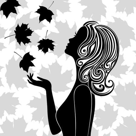 Line art of young woman with leaves flying roundのイラスト素材