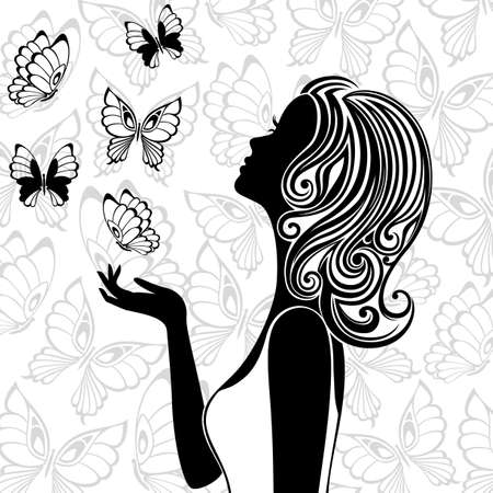 Line art of young woman with butterflies flying aroundのイラスト素材