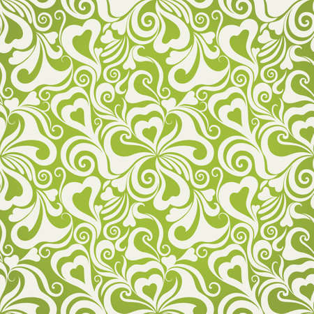 Decorative olive curly seamless background with flowers and heartsのイラスト素材