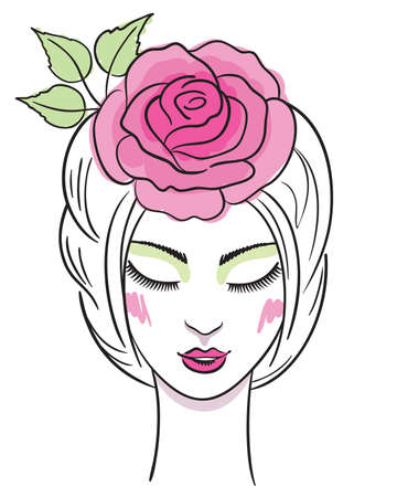 Fashion illustration of a beautiful young woman with rose in hair のイラスト素材
