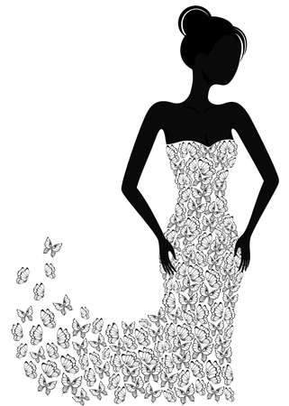 Silhouette of a girl in a butterfly dress flying apartのイラスト素材