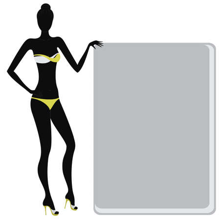 Silhouette of a bikini girl holding an empty bannerのイラスト素材
