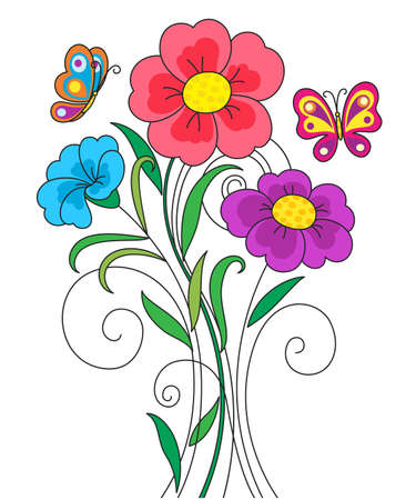 Kidstyle colourful illustration with flowers and butterfliesのイラスト素材