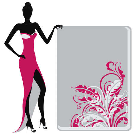 Silhouette of a girl in evening dress holding a floral ornate bannerのイラスト素材