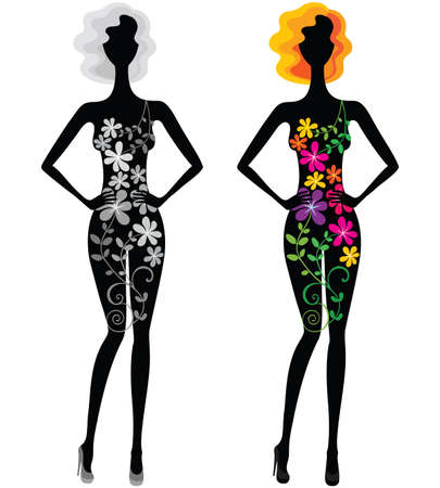 Young beautiful woman in dress of flowers in two variations - grayscale and colorfulのイラスト素材