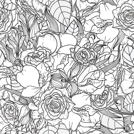 Beautiful seamless monochrome floral background with flowersのイラスト素材