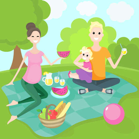 Happy family on a picnic. Holiday travel. Vector illustration.のイラスト素材