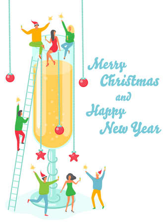 Merry Christmas happy new year holiday illustration. People having fun at the party.のイラスト素材