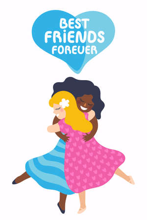 Two best friends girls huging. Vector illustration about friendship isolated on whiteのイラスト素材