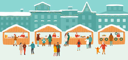 Illustration of a Christmas market or holiday outdoor fair on town squareのイラスト素材
