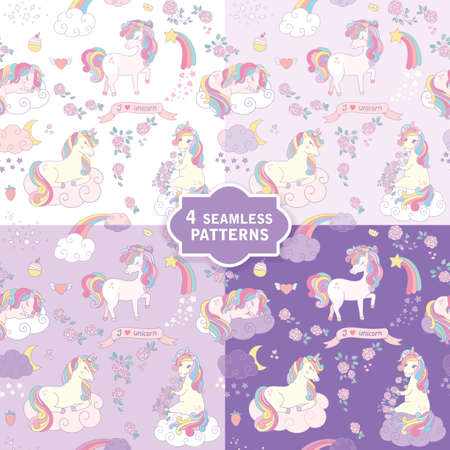 Hand drawn seamless vector pattern with cute unicorns in 4 colors. Perfect for fabric, wrapping paper, wallpaper or nursery decor.のイラスト素材