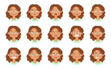 Set of cute girl avatar expressions face emotions. Flat cartoon colorful vector illustration.のイラスト素材