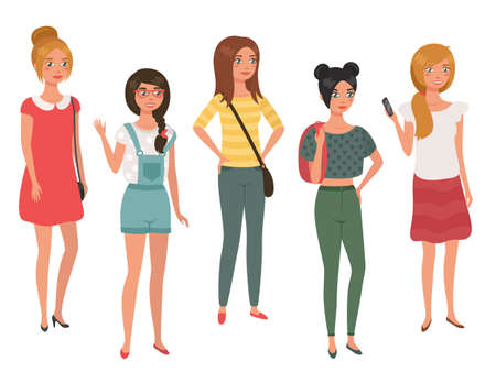 Bundle of young pretty girls isolated on white background. 3 4 view. Flat cartoon colorful vector illustration.のイラスト素材