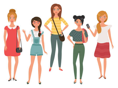 Bundle of young pretty girls isolated on white background. Front view. Flat cartoon colorful vector illustration.のイラスト素材